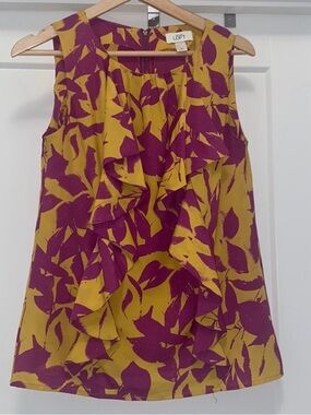 💛 ANN TAYLOR LOFT Purple & Gold Ruffle Sleeveless Top - Size XS
